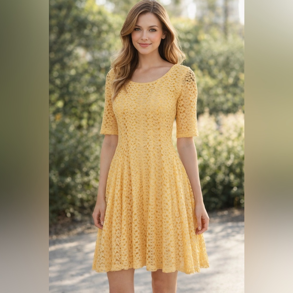 EUC Rabbit Designs Yellow Crocheted Lace Midi Dress with‎ Short Sleeves, Size 14